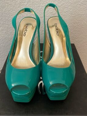 bebe Teal Patent Peep-Toe Platform Slingbacks